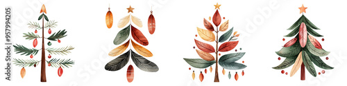 A collection of beautifully illustrated Christmas trees in various colors and styles, perfect for festive designs.