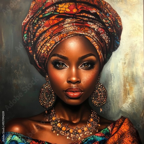 African Queen: A portrait of a regal Black woman adorned with intricate headwrap, earrings and necklace, her gaze captivating.  The vibrant colors and intricate details of the artwork emphasize the be