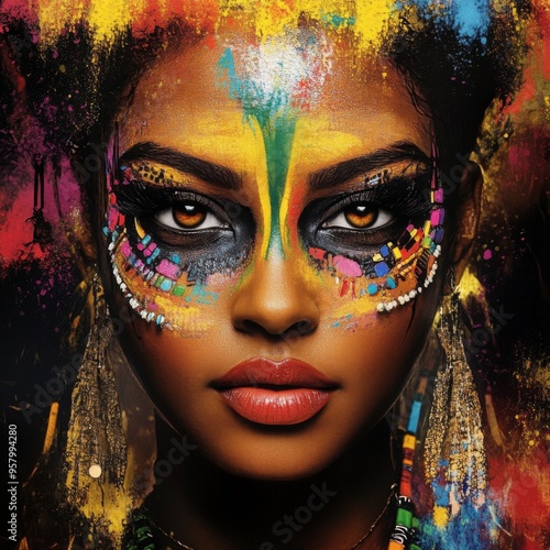 Vibrant Expression: A captivating portrait of a Black woman adorned with colorful makeup, showcasing her striking features and a sense of bold self-expression.  