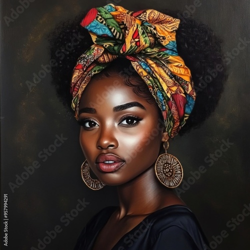 African Queen: Portrait of a stunning Black woman adorned in a vibrant headwrap, exuding strength, beauty, and cultural pride. 
