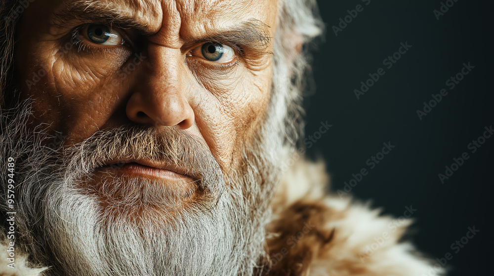 Elderly man with a stern expression and a full white beard, wearing a fur collar, stares intently, conveying wisdom and strength. Elderly man with a stern expression and a full white beard, wearing a fur collar, stares intently, conveying wisdom and strength.