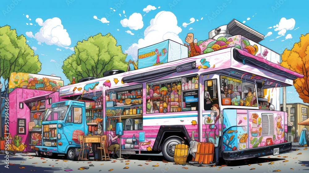 Fototapeta premium Food truck illustration design, with various kinds of wet food and fast food snacks