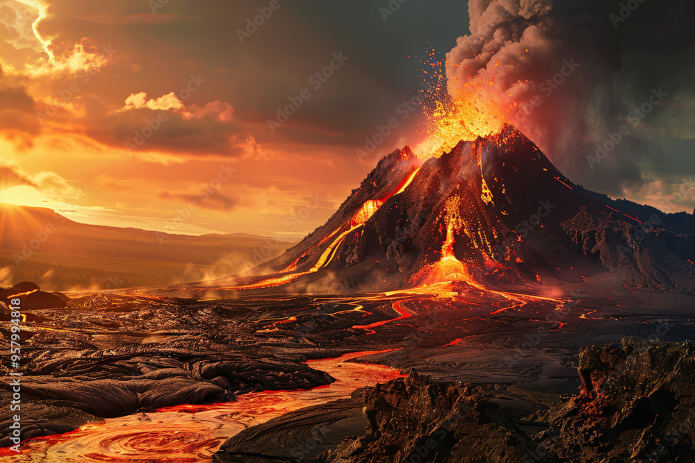 Fototapeta premium Generative ai on theme of erupting volcano with cascading hot lava surrounded thick white smoke