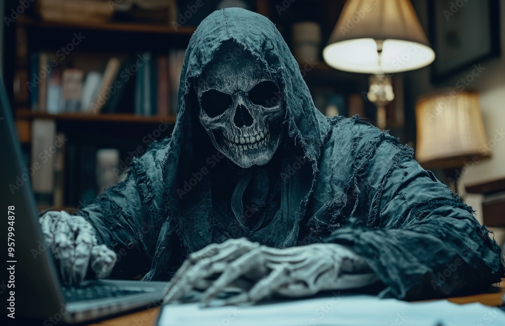 Grim Reaper in costume works at a desk with scythe, depicting spooky home office Grim Reaper in costume works at a desk with scythe, depicting spooky home office