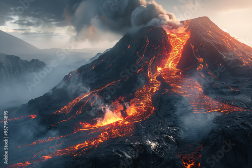 Generative ai on theme of erupting volcano with cascading hot lava surrounded thick white smoke