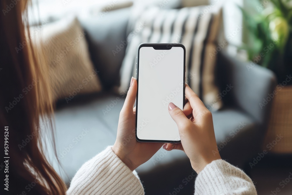 Young woman user holding smart phone in hand touching finger mock up white empty cellphone Young woman user holding smart phone in hand touching finger mock up white empty cellphone