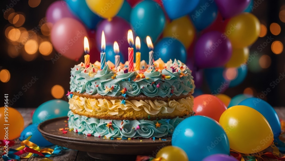 Birthday party balloons, colorful balloons background and birthday cake with candles Birthday party balloons, colorful balloons background and birthday cake with candles