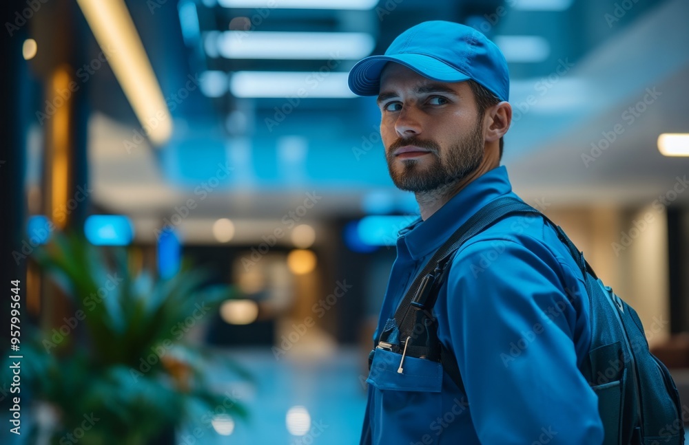 Security guard in blue uniform and hat, standing in modern office building lobby, professional setting Security guard in blue uniform and hat, standing in modern office building lobby, professional setting