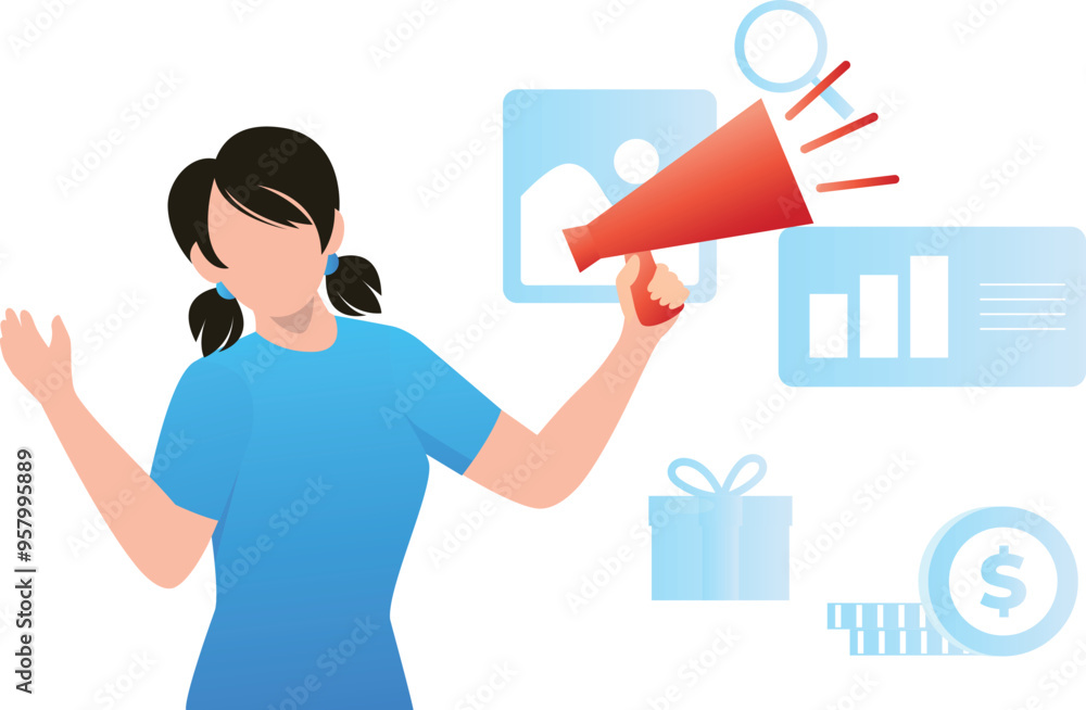 The girl is marketing through a megaphone. The girl is marketing through a megaphone.