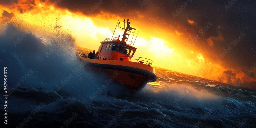 Naklejka premium A brave boat navigates through turbulent waves under a dramatic sunset, showcasing the power of nature and maritime resilience.