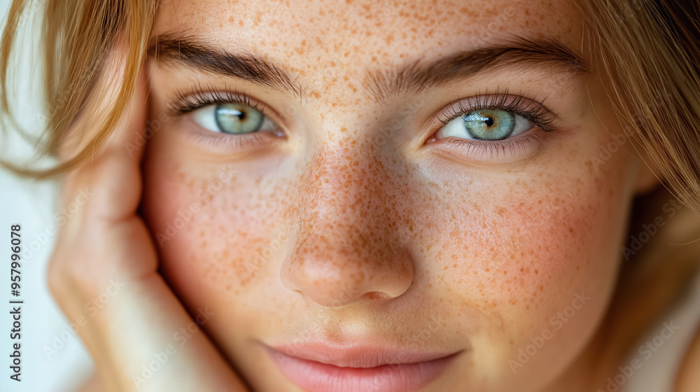 Close-up of a young woman with freckles and piercing green eyes, gently resting her face on her hand, radiating natural beauty and calm. Close-up of a young woman with freckles and piercing green eyes, gently resting her face on her hand, radiating natural beauty and calm.