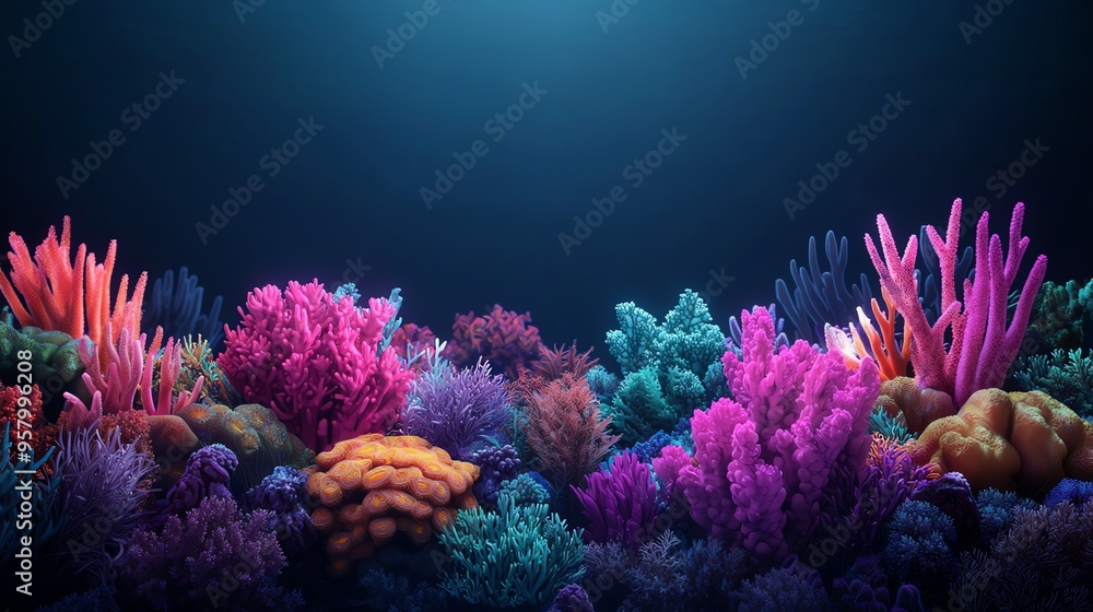 Naklejka premium Vibrant underwater coral scene showcasing diverse coral species in a serene aquatic environment with stunning lighting.