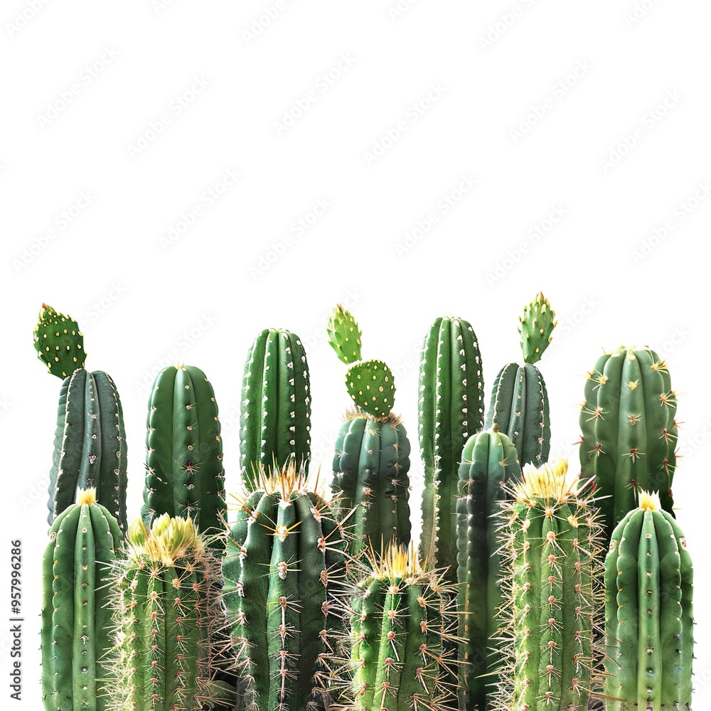 Dark Green Cacti Isolated Row isolated on white Dark Green Cacti Isolated Row isolated on white