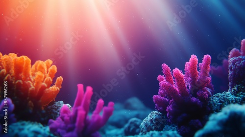 Vibrant underwater scene showcasing colorful coral reefs illuminated by gentle rays of sunlight. A serene marine environment.