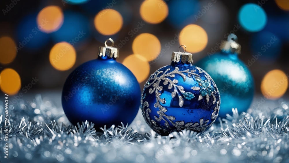 Blue Christmas balls with decoration on shiny background Blue Christmas balls with decoration on shiny background