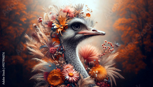 Ein Vogel Strauß hat sich mit Blumen geschmückt. Die Farben im Herbst sind weich und ansprechend. Illustration für social-media. photo