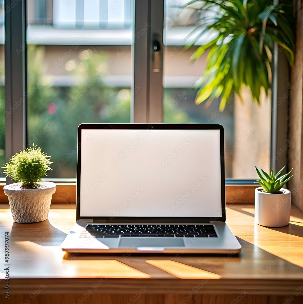 A modern laptop with a blank white screen sits on a wooden desk by a window. A modern laptop with a blank white screen sits on a wooden desk by a window.