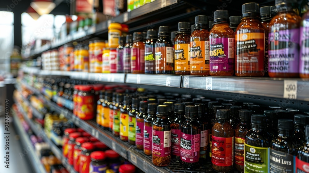 Naklejka premium A colorful display of herbal supplements and vitamins on store shelves during daylight in a health food store