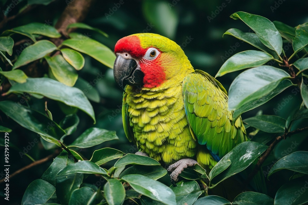 Obraz premium A Green and Red Parrot Perched on a Branch Among Lush Leaves