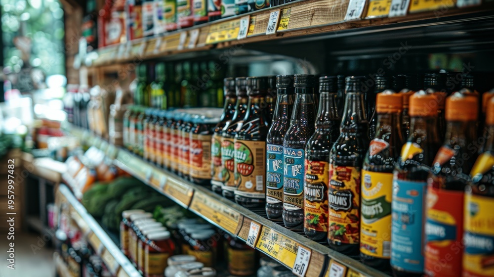A vibrant display of various sauces and dressings arranged neatly on the shelves of a grocery store during daylight hours A vibrant display of various sauces and dressings arranged neatly on the shelves of a grocery store during daylight hours