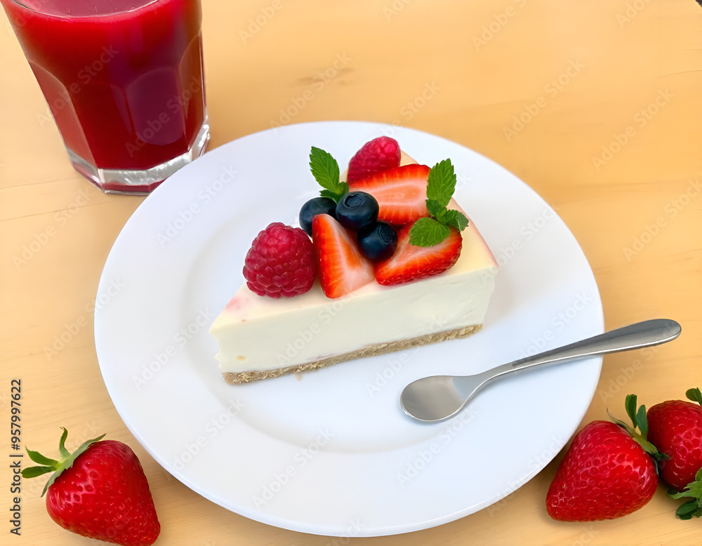 a slice of cheesecake topped with fresh strawberries blueberries, and mint leaves, white plate along side a glass of red juice. a slice of cheesecake topped with fresh strawberries blueberries, and mint leaves, white plate along side a glass of red juice.