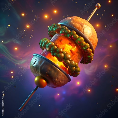 A futuristic. 3D illustration of a Chapli Kebab. bursting with vibrant colors and a glowing. cosmic backdrop. photo