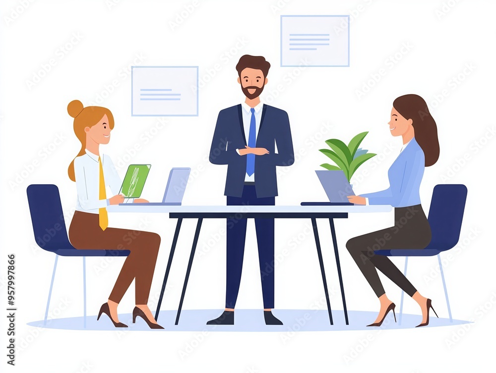 Business meeting with two female professionals and a male speaker discussing a work project, illustrated vector image. Business meeting with two female professionals and a male speaker discussing a work project, illustrated vector image.