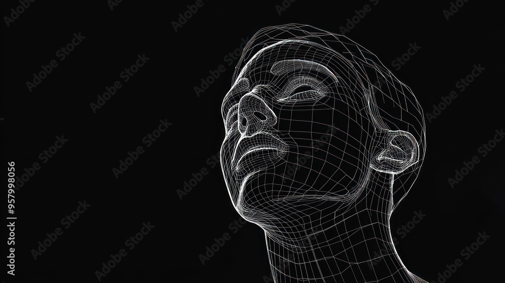 Wireframe portrait of a human head with eyes closed against a black background. Wireframe portrait of a human head with eyes closed against a black background.