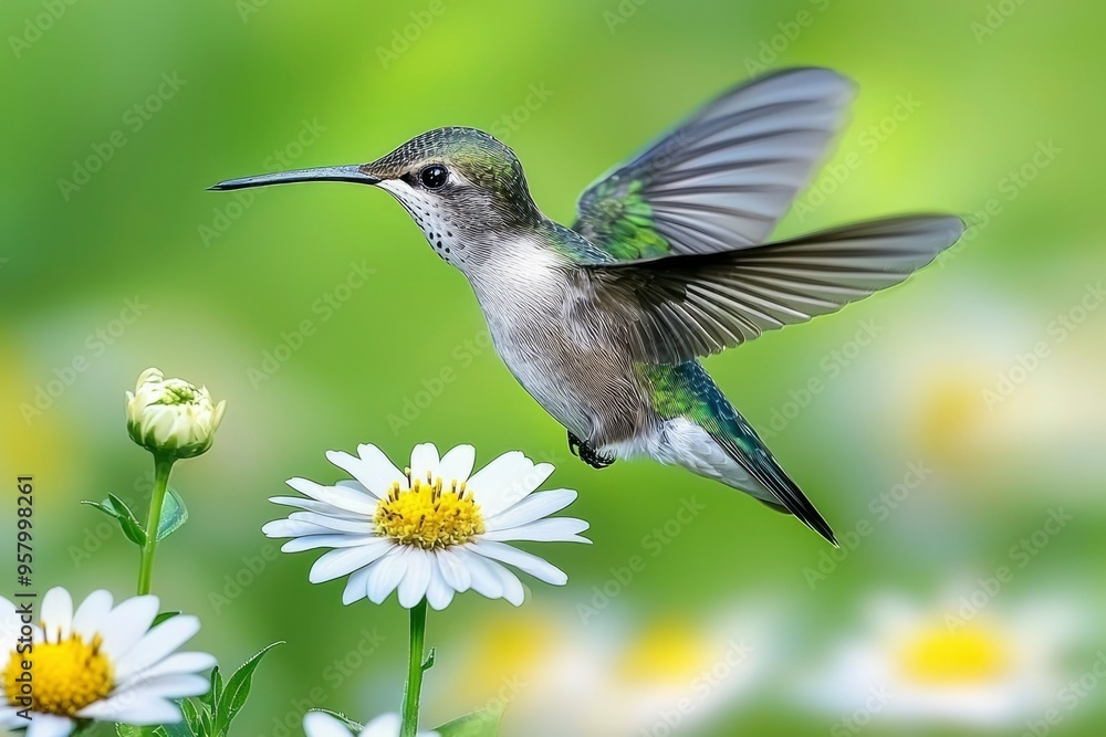 Fototapeta premium Hummingbird in Flight Over a White Daisy