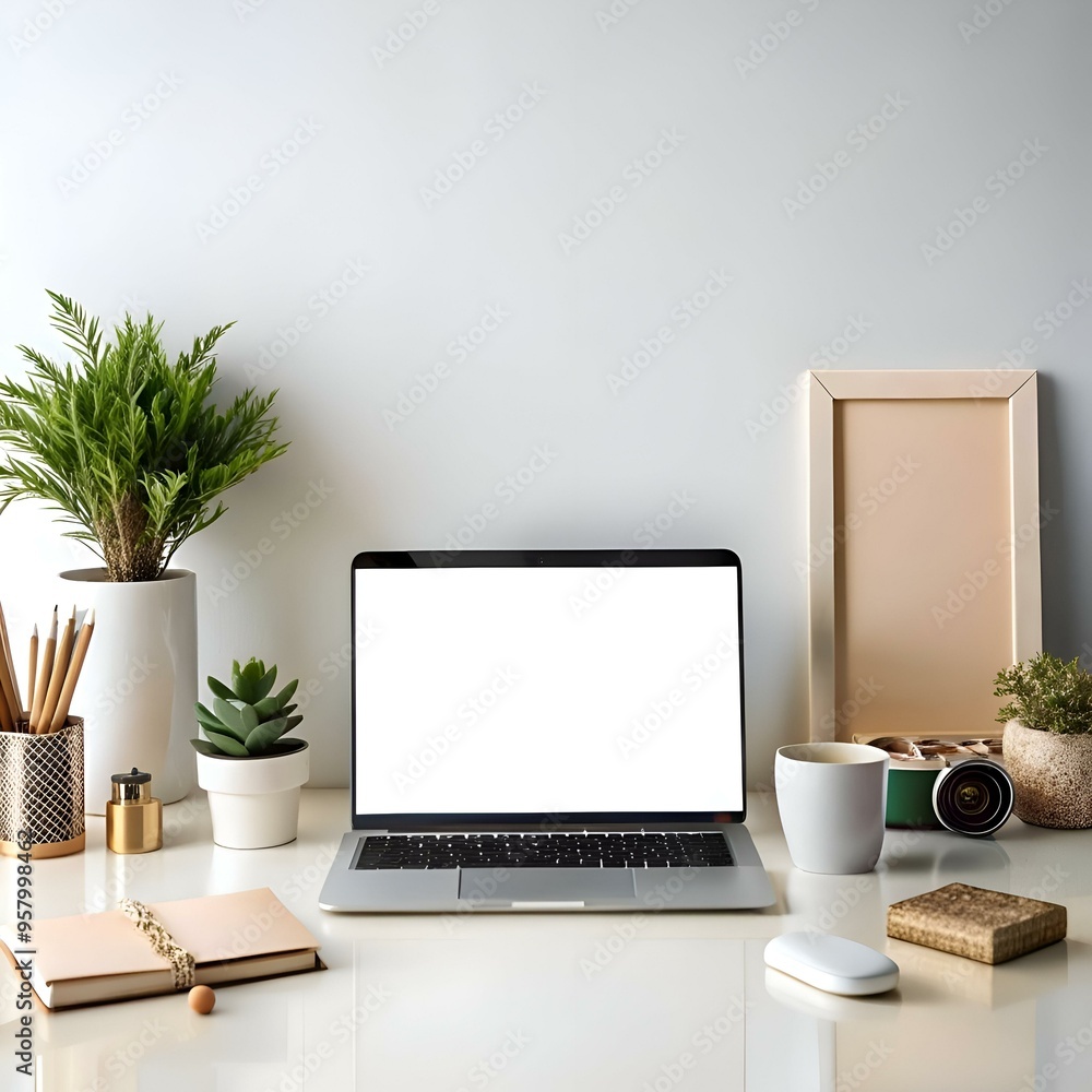 A minimalist workspace with a laptop. plants. and a framed photo. A minimalist workspace with a laptop. plants. and a framed photo.