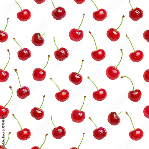 Red Cherry fresh berry pattern from flat view isolated on white or transparent background