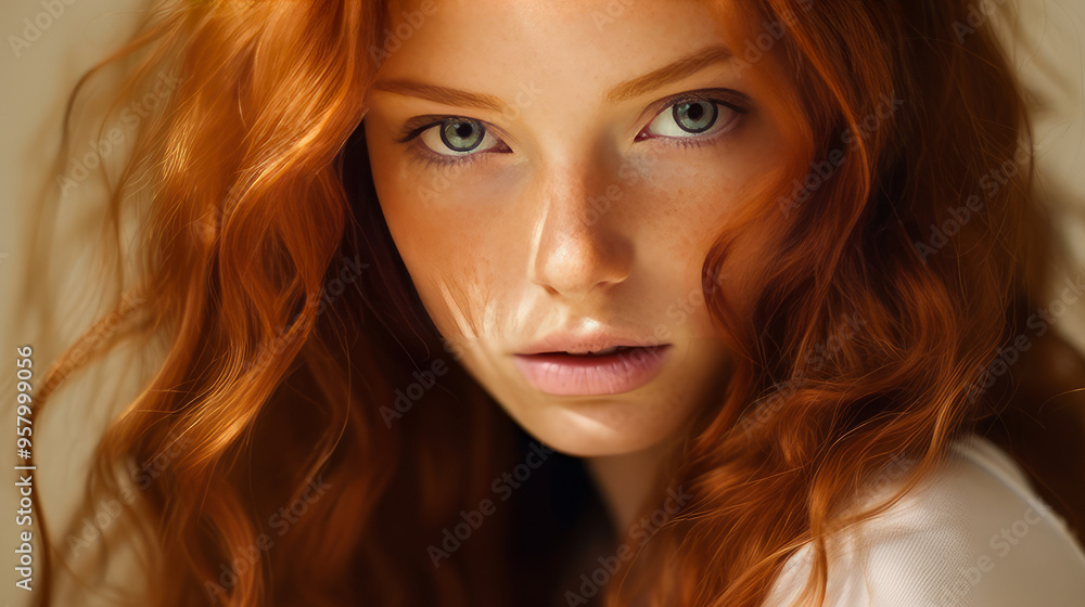 Portrait of a serious aggressive teenage girl with red long hair with perfect skin, creamy beige background, banner. Portrait of a serious aggressive teenage girl with red long hair with perfect skin, creamy beige background, banner.