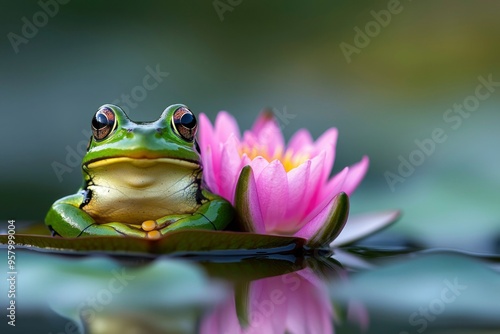 Green Frog Resting on a Water Lily Pad