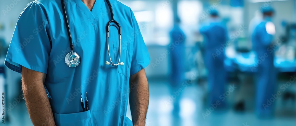 A focused medical professional in blue scrubs, emphasizing healthcare and teamwork in a busy hospital environment. A focused medical professional in blue scrubs, emphasizing healthcare and teamwork in a busy hospital environment.