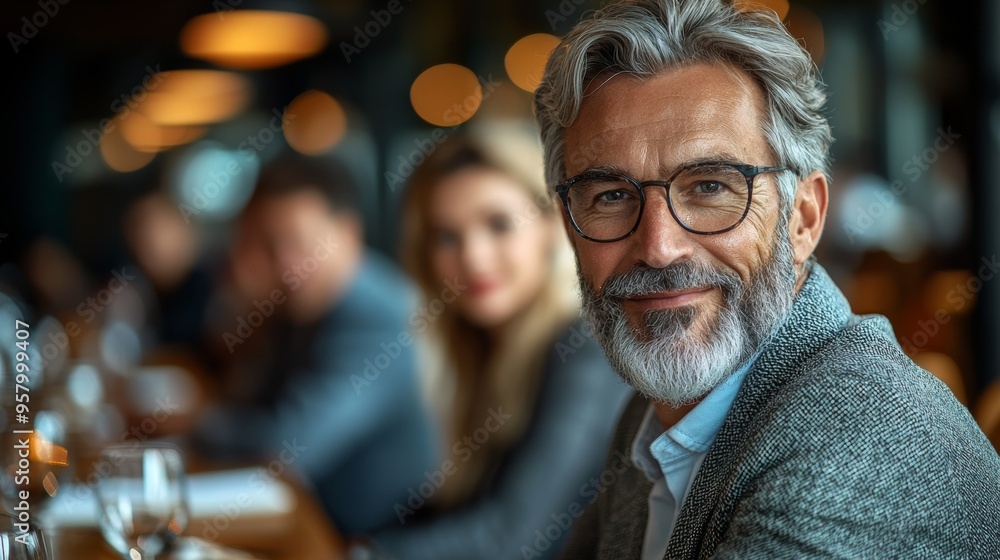 A distinguished man with a beard and glasses smiles warmly at a dining table in a modern restaurant during an evening gathering A distinguished man with a beard and glasses smiles warmly at a dining table in a modern restaurant during an evening gathering