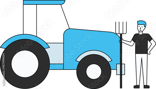 The boy is standing by the tractor with a pitch fork.