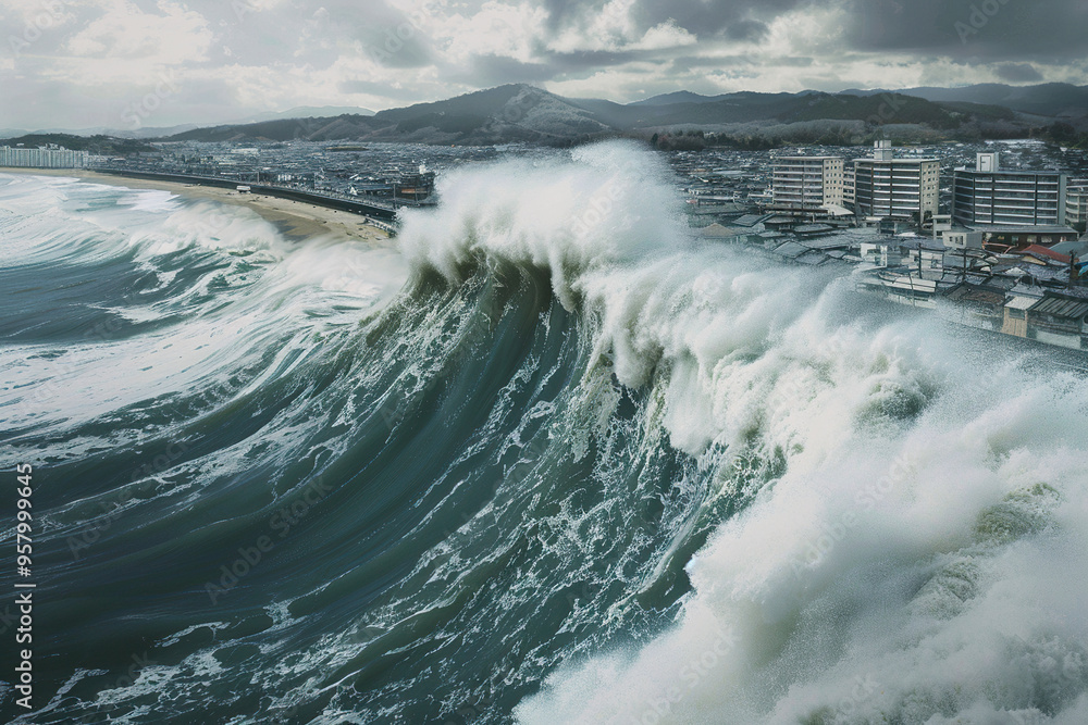 Obraz premium Generative ai on theme of a scary tsunami with huge foamy wave, apocalyptic dramatic background