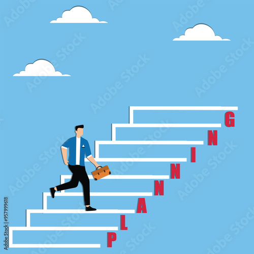 Man running up the planning steps