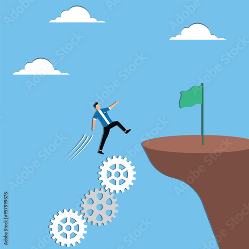 Man goes over cliff using gear