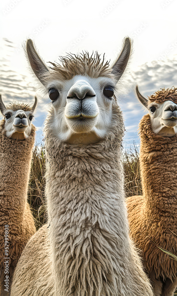 Obraz premium Trio of Alpacas Standing in Field with Curious Expressions, Posing for a Charming and Whimsical Group Portrait in Natural Outdoor Setting