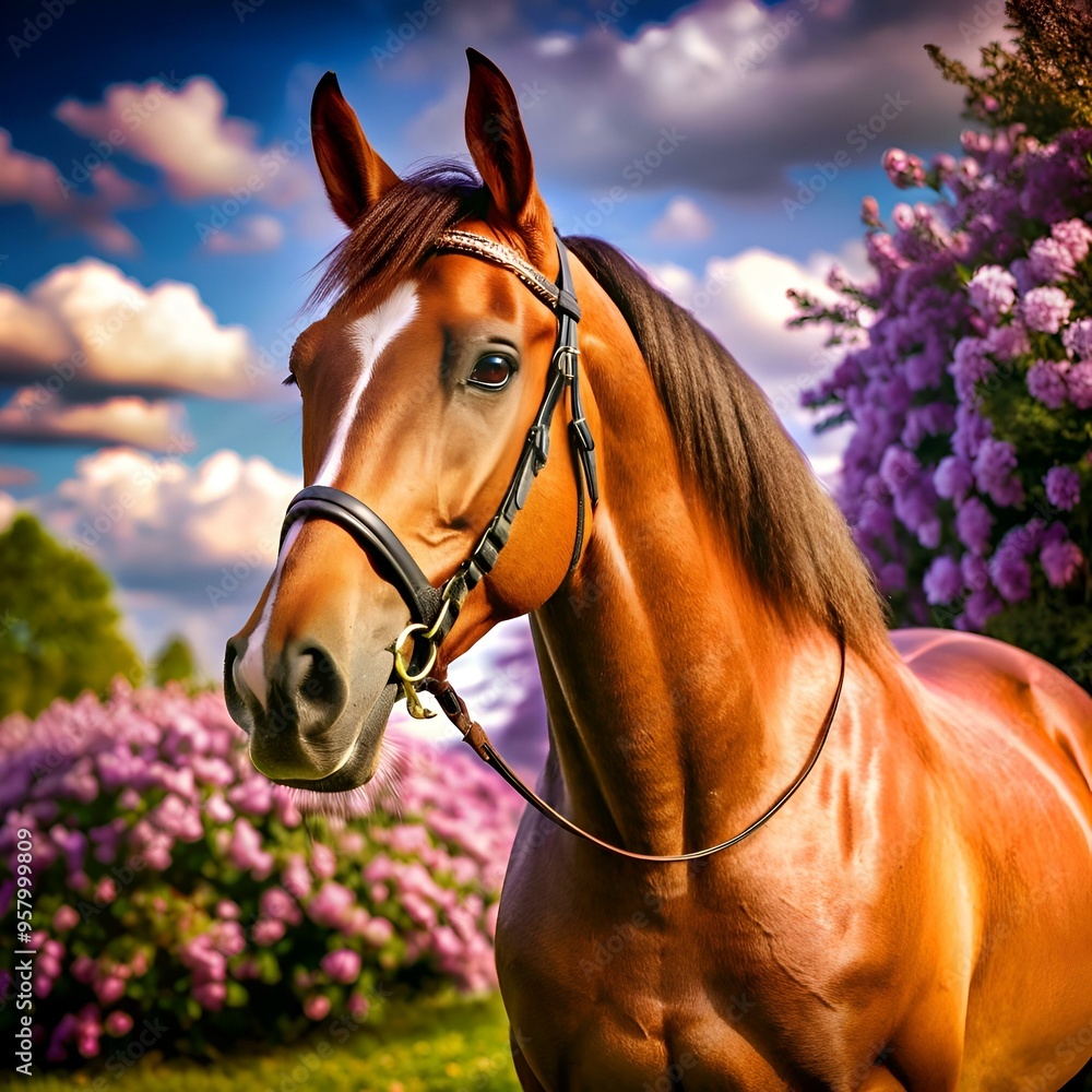 Obraz premium A stunning portrait of a chestnut horse with a bridle. standing against a backdrop of vibrant lilac blossoms and a beautiful blue sky.