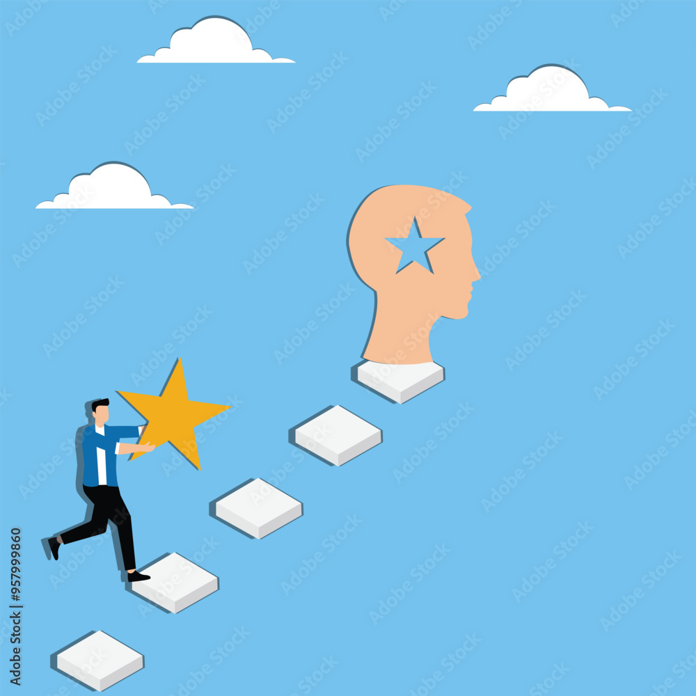 Man with star climbs ladder to big head Man with star climbs ladder to big head