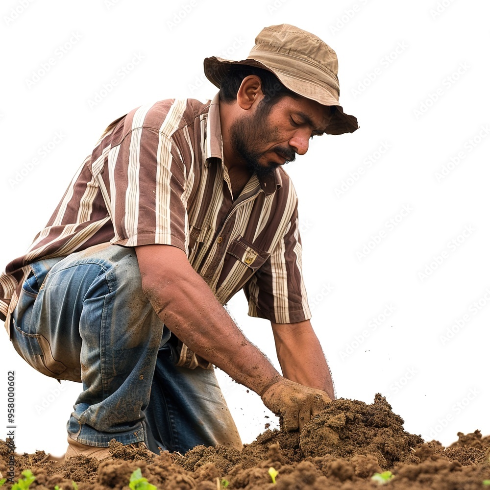Determined Farmer Working the Soil, Preparing Land for Planting on a White Background Determined Farmer Working the Soil, Preparing Land for Planting on a White Background