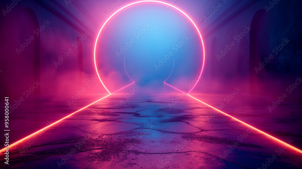 Futuristic neon-lit hallway with glowing arches and misty atmosphere. Copy space. Generative AI Futuristic neon-lit hallway with glowing arches and misty atmosphere. Copy space. Generative AI