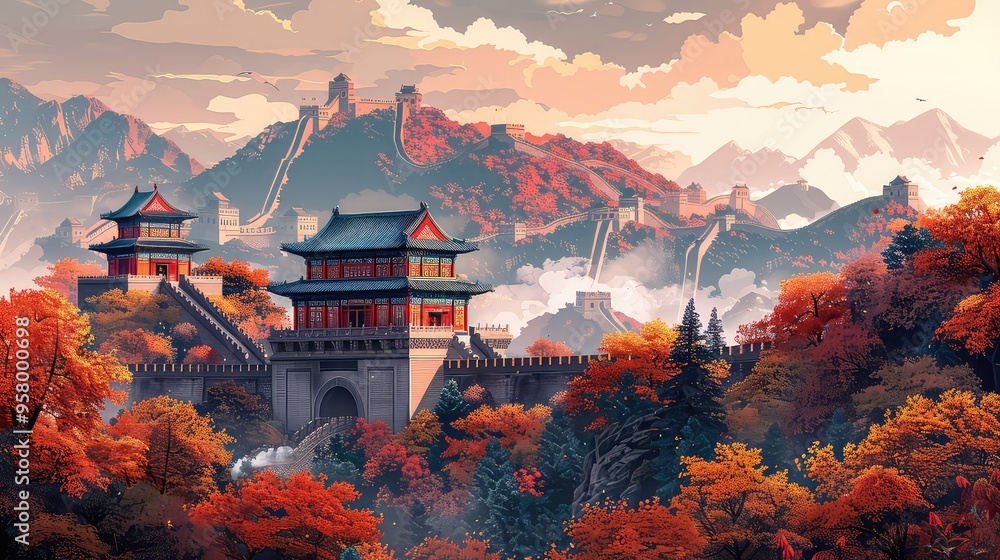 Illustration Of China Landmarks, Generative AI Illustration Of China Landmarks, Generative AI