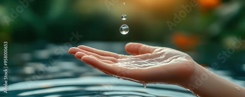 A hand reaching out to catch a falling water droplet, symbolizing the individual responsibility in conserving water