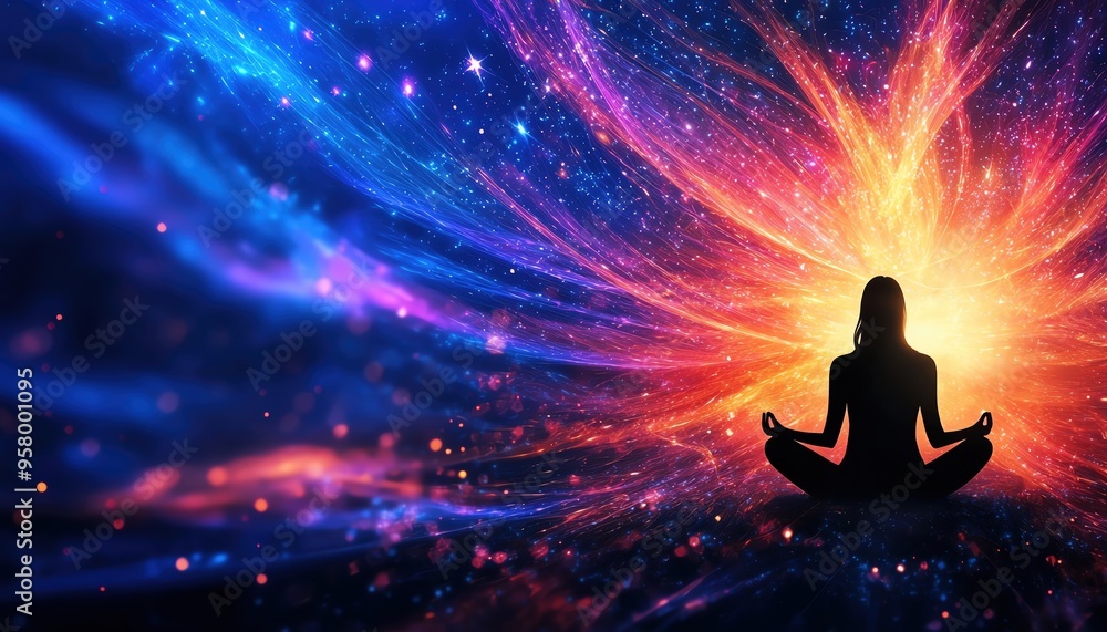 A serene silhouette meditating amidst a vibrant, cosmic backdrop of swirling colors and light, symbolizing inner peace and harmony. A serene silhouette meditating amidst a vibrant, cosmic backdrop of swirling colors and light, symbolizing inner peace and harmony.