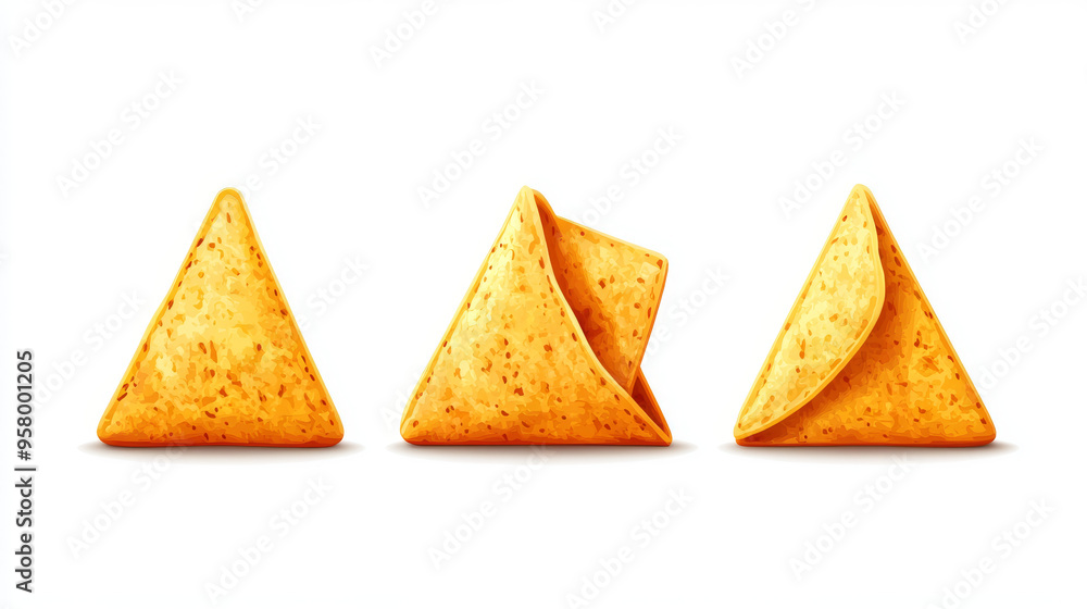 Three crispy corn tortilla nacho chips, isolated on a white background with a clipping path Three crispy corn tortilla nacho chips, isolated on a white background with a clipping path