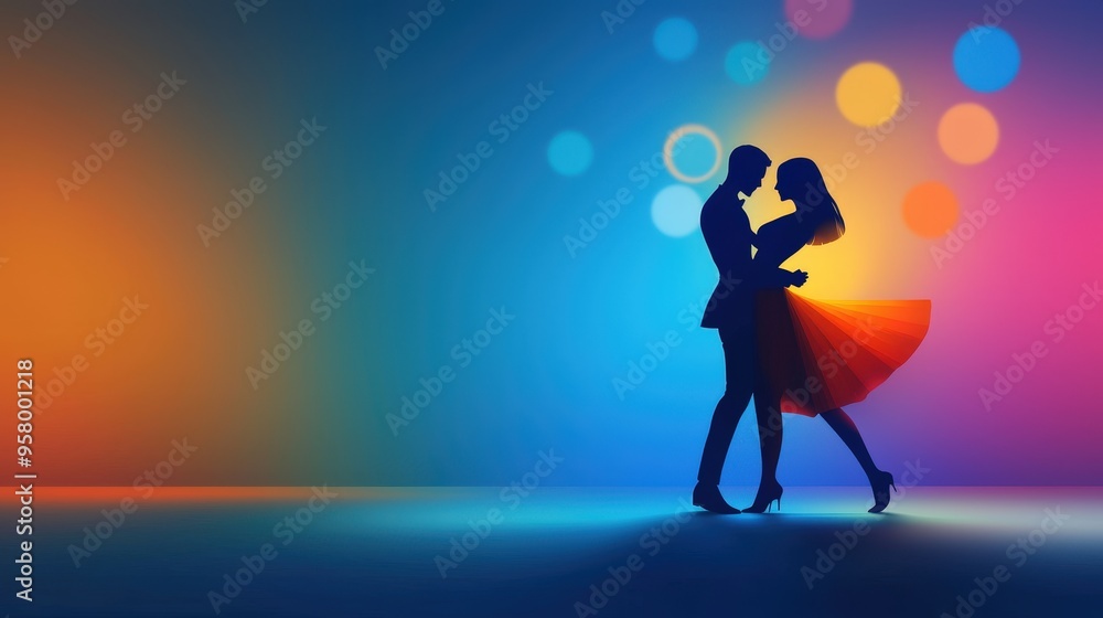 An LGBTQ couple dancing together under colorful lights An LGBTQ couple dancing together under colorful lights