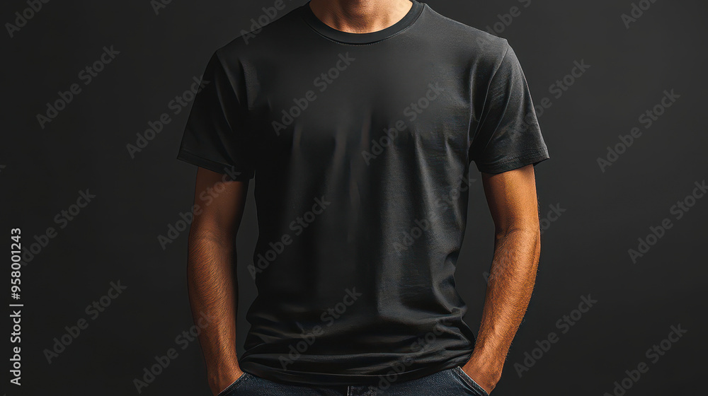 Blank Black T-Shirt Mockup Template Front View, Casual Fashion Design, Apparel for Men, Isolated on Dark Background Blank Black T-Shirt Mockup Template Front View, Casual Fashion Design, Apparel for Men, Isolated on Dark Background